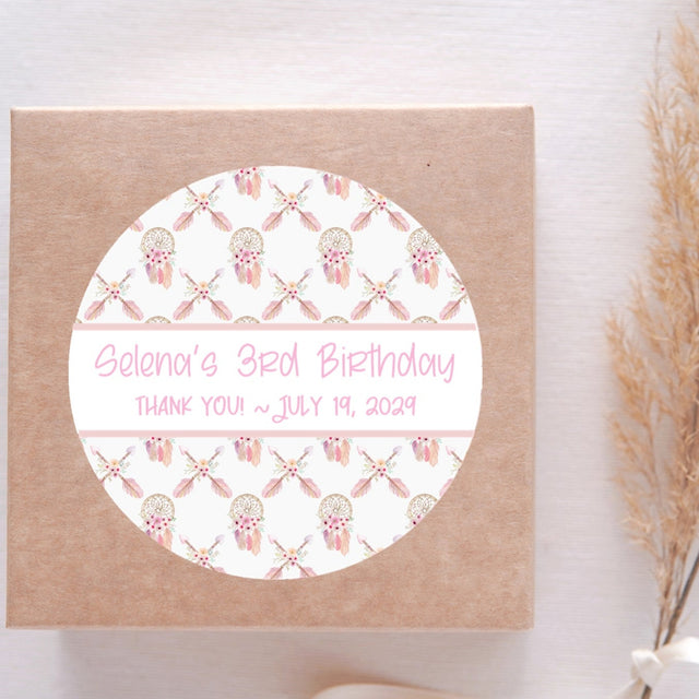 Pink dreamcatcher tribal birthday sticker with feathers