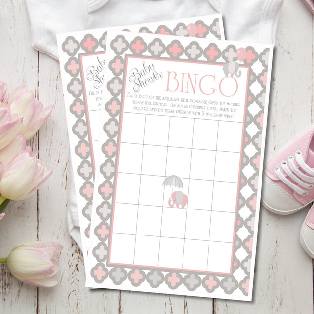 Pink elephant baby shower bingo printable PDF