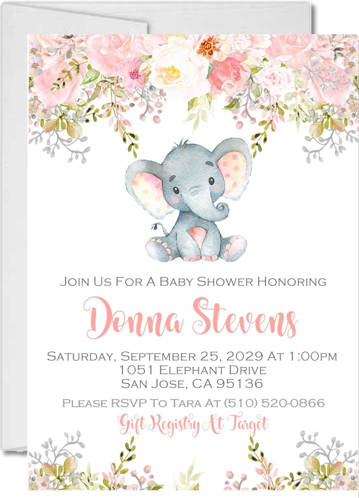 Pink elephant baby shower invitations