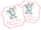 Pink elephant baby shower stickers – scalloped die-cut shape