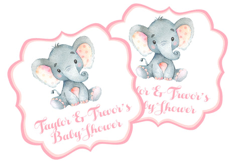 Pink elephant baby shower stickers – scalloped die-cut shape