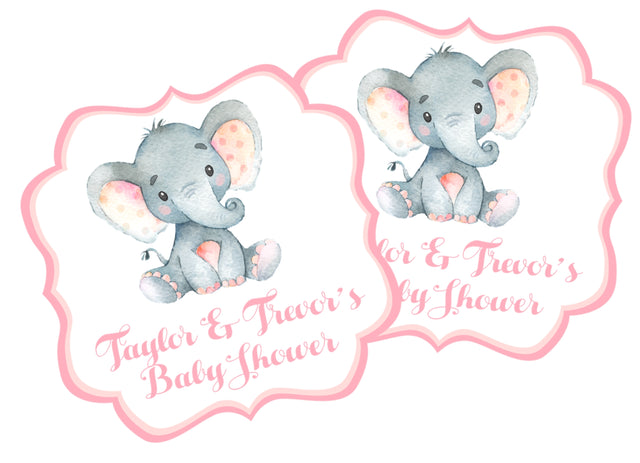 Pink elephant baby shower stickers – scalloped die-cut shape