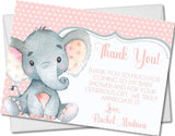 Pink elephant baby shower thank you cards