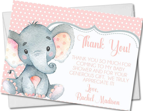 Pink elephant baby shower thank you cards