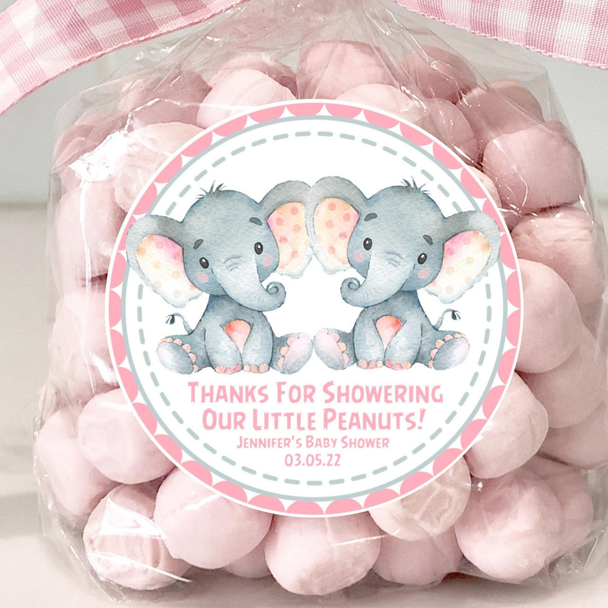 Pink elephant twins baby shower stickers for girls