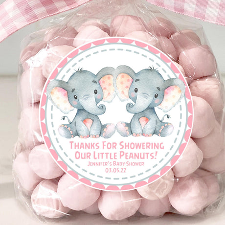 Pink elephant twins baby shower stickers for girls
