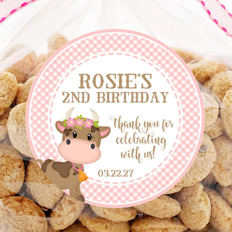 Pink farm cow birthday sticker with floral cow illustration