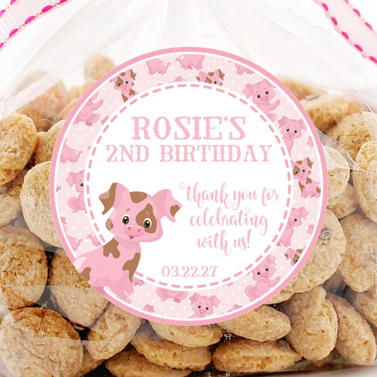 Pink farm pig birthday sticker with brown and pink piglet