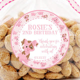 Pink farm pig birthday sticker with brown and pink piglet