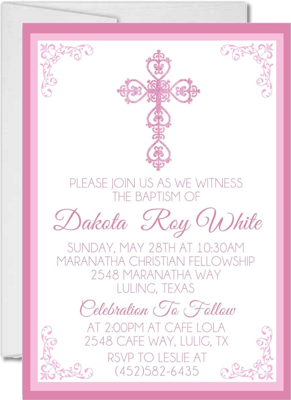 Pink filigree cross christening invitation with framed design