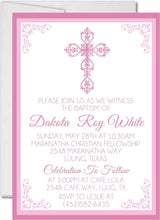 Pink filigree cross christening invitation with framed design