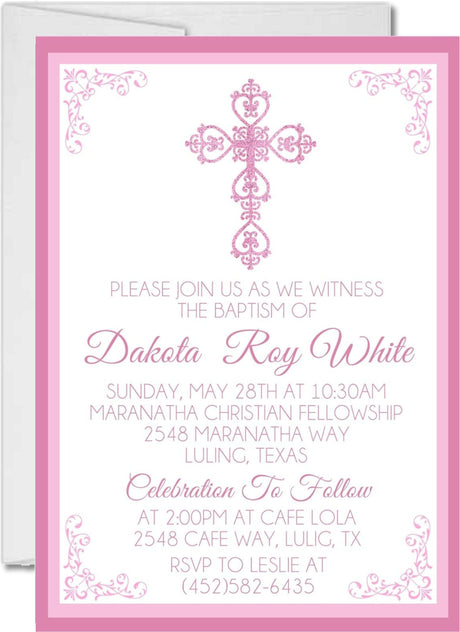 Pink filigree cross christening invitation with framed design
