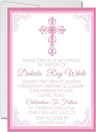 Pink filigree cross christening invitation with framed design