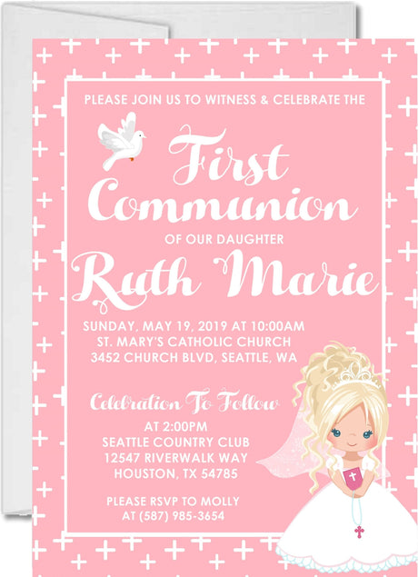 Pink first holy communion invitation for girls