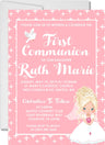Pink first holy communion invitation for girls