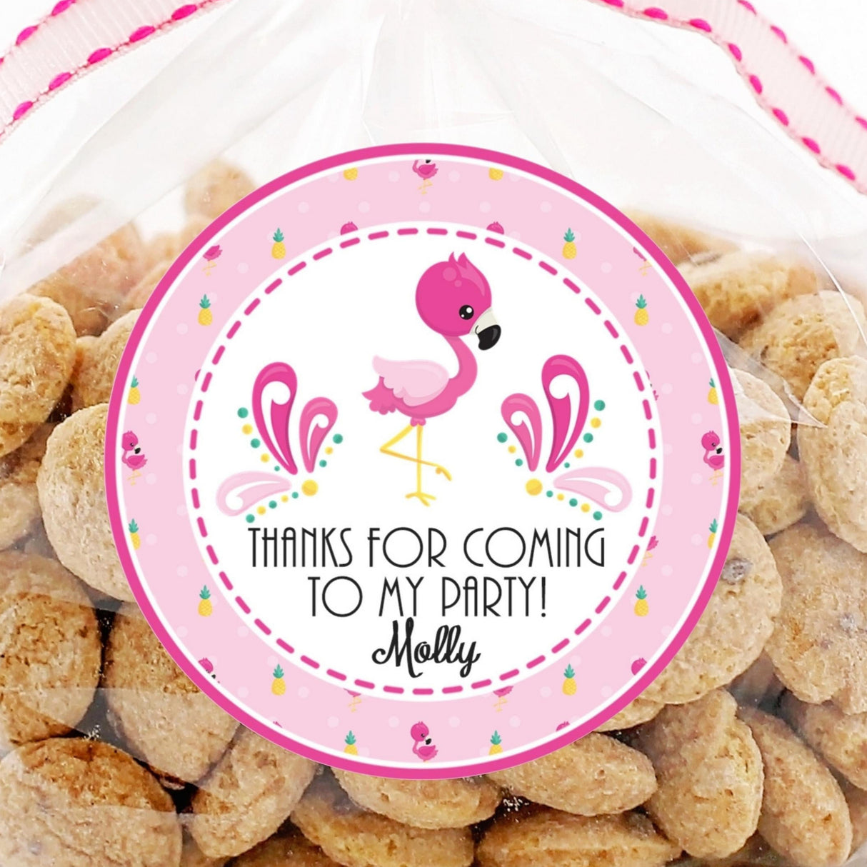 Pink flamingo birthday sticker with patterned border