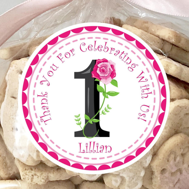 Pink floral 1st birthday sticker with rose and number one