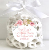 Pink floral Confirmation favor label with cross background