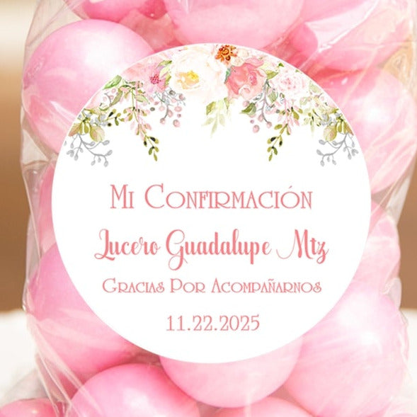 Pink floral Mi Confirmación sticker with blush flowers