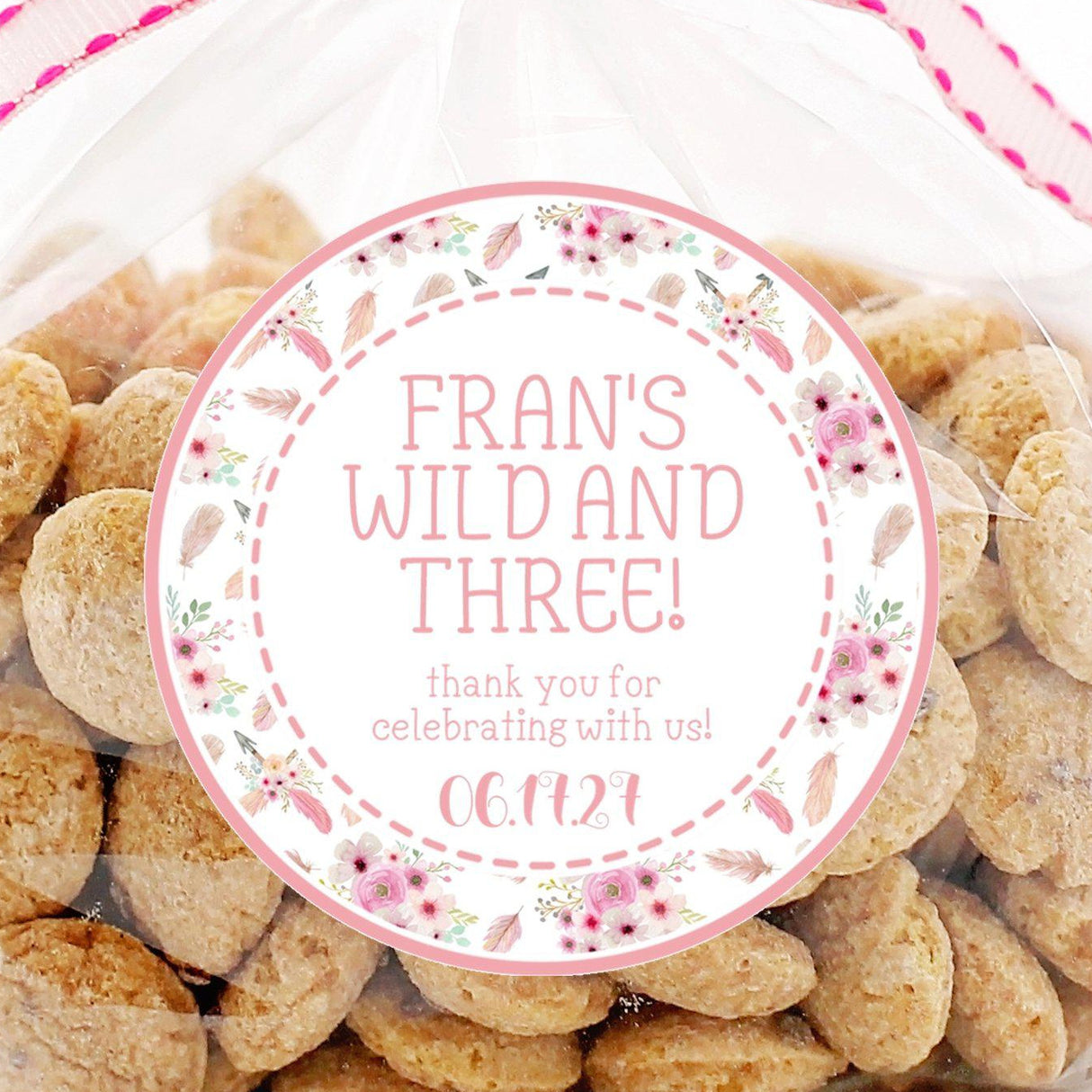 Pink floral Wild and Three birthday sticker