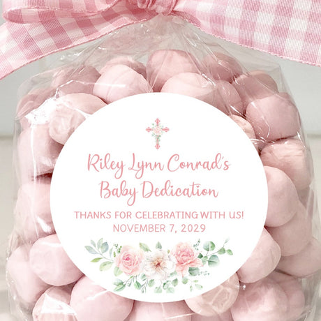 Pink floral baby dedication sticker with watercolor flowers