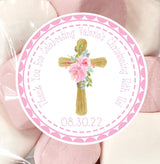 Pink floral baptism sticker with cross design