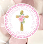 Pink floral baptism sticker with cross design