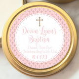 Pink floral cross baptism sticker with soft pastel design