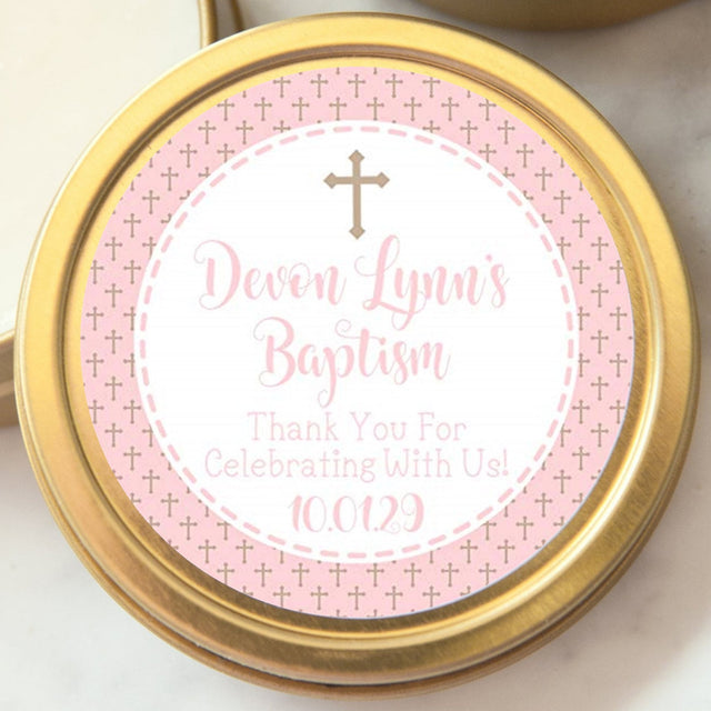 Pink floral cross baptism sticker with soft pastel design