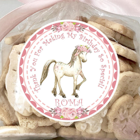 Pink floral horse birthday sticker with personalized name