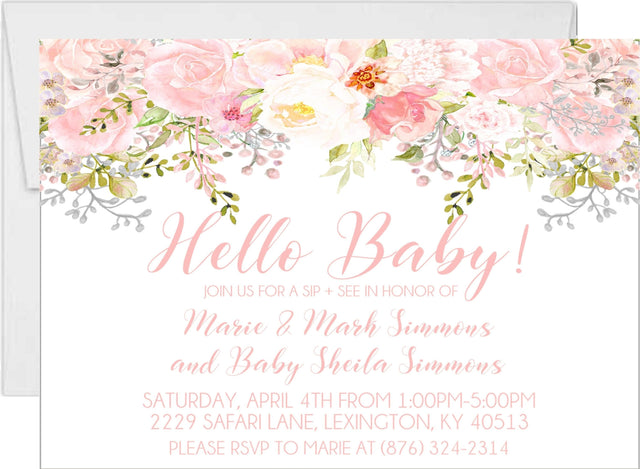 Pink floral sip and see invitation with hello baby design