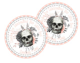 Pink floral skull baby shower sticker on white background