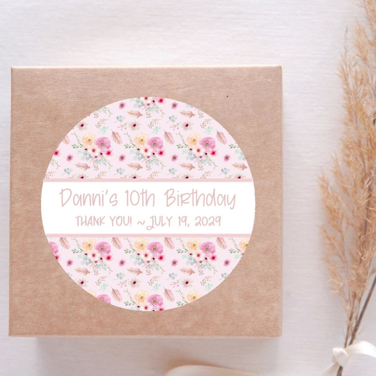 Pink floral tribal birthday sticker with watercolor feathers