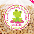 Pink frog birthday sticker with lily pad and personalized name