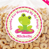 Pink frog birthday sticker with lily pad and personalized name