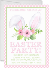Pink gingham Easter party invitation with bunny ears and florals