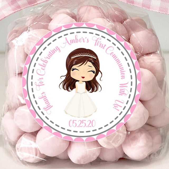 Pink girl First Holy Communion favor sticker