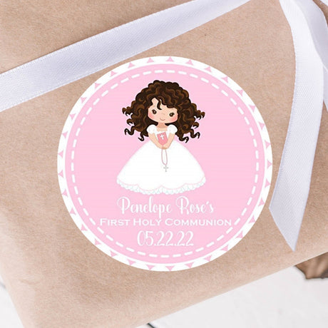 Pink girl First Holy Communion sticker with personalized name