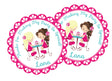 Pink girls tea party birthday sticker with two friends