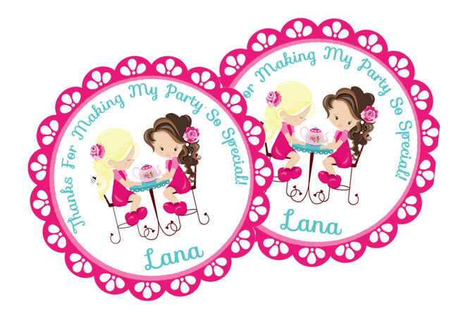 Pink girls tea party birthday sticker with two friends