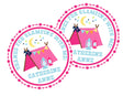 Pink glamping tent birthday sticker with lanterns and stars