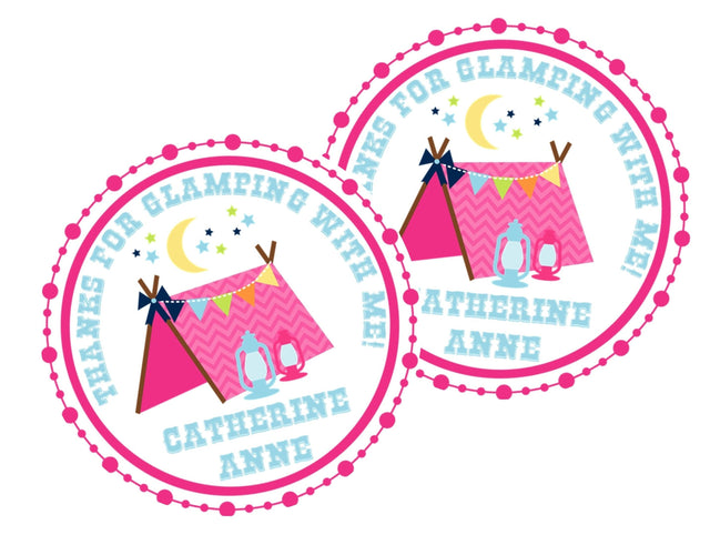 Pink glamping tent birthday sticker with lanterns and stars
