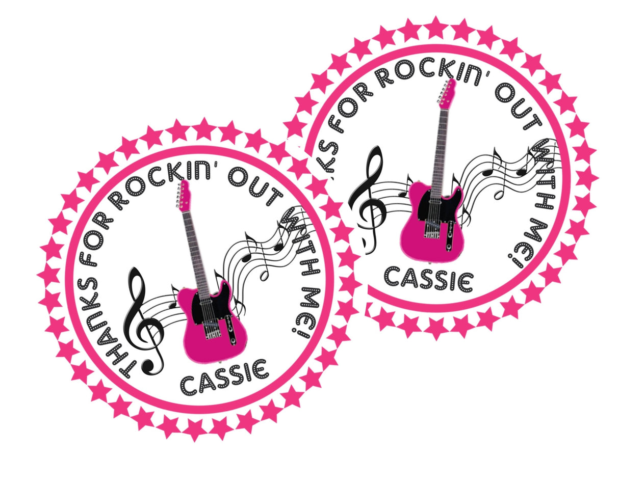 Pink guitar rock star birthday sticker with musical notes