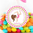 Pink gymnastics birthday sticker with handstand girl