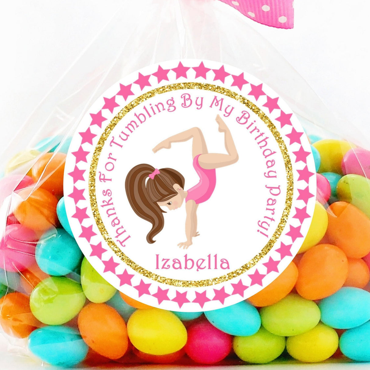 Pink gymnastics birthday sticker with handstand girl