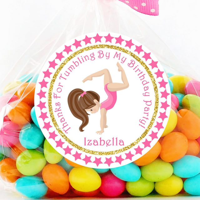 Pink gymnastics birthday sticker with handstand girl