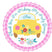 Pink hippie bus birthday sticker with vintage van and colorful floral accents