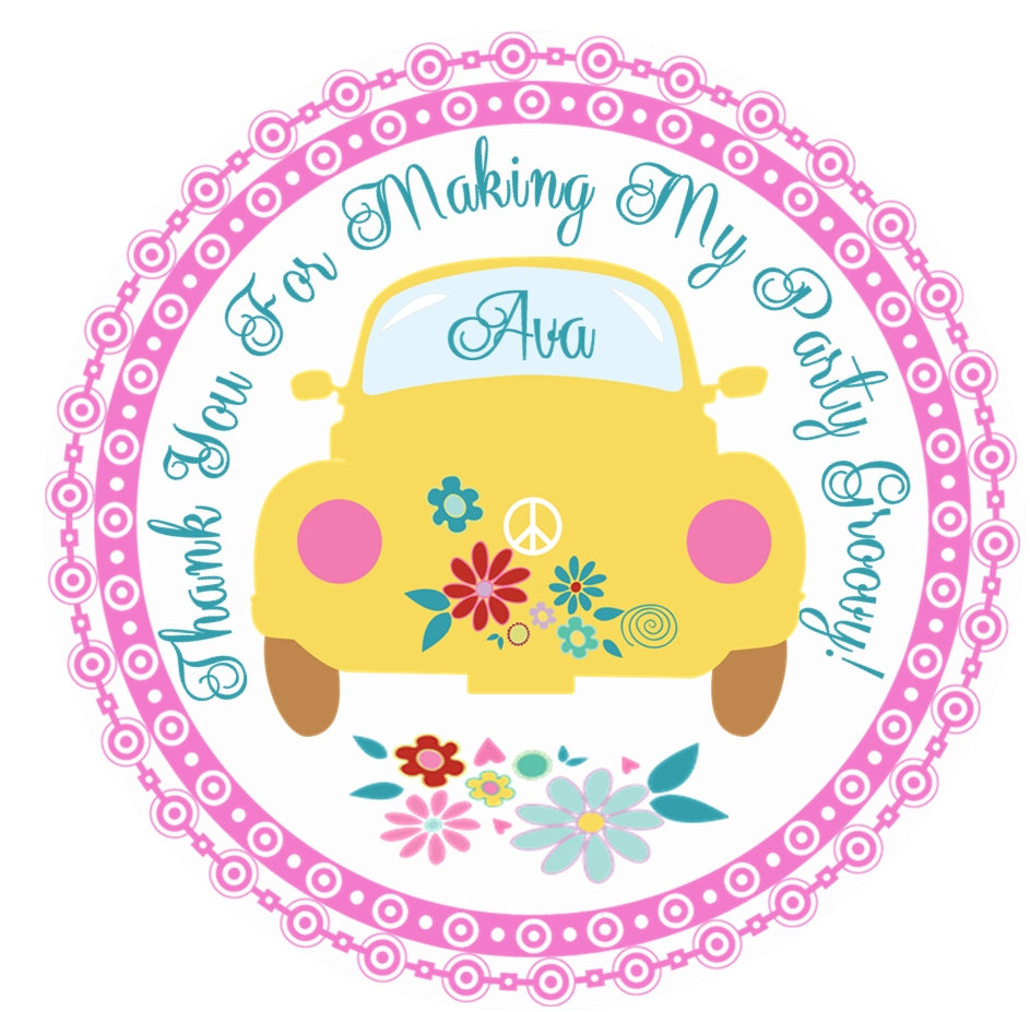 Pink hippie bus birthday sticker with vintage van and colorful floral accents