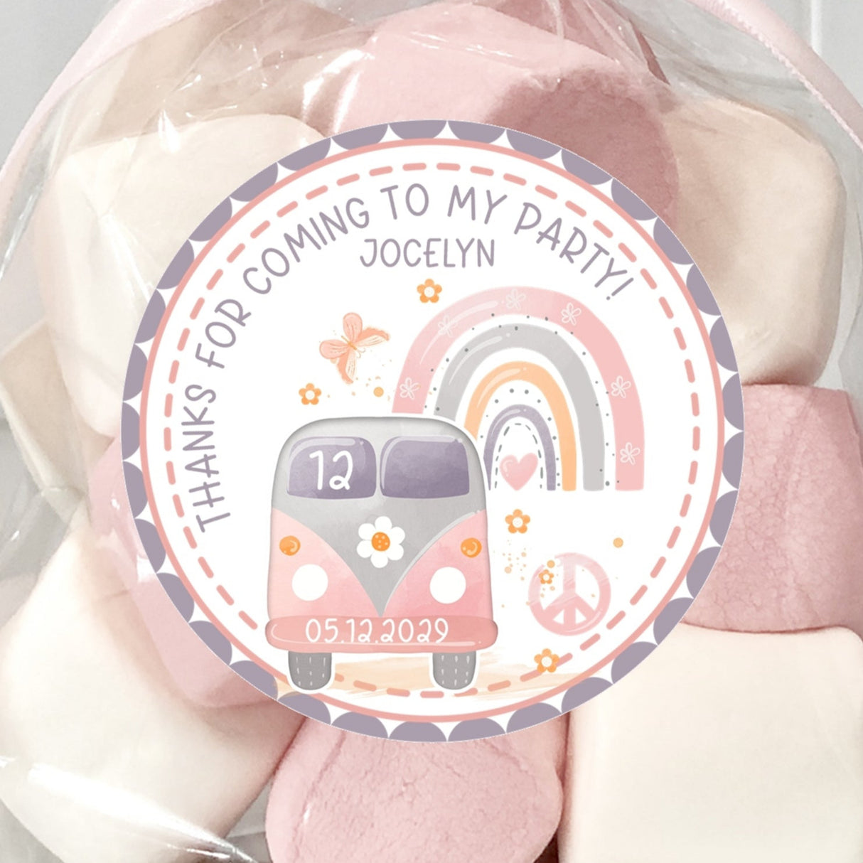 Pink hippie van birthday favor sticker with rainbow