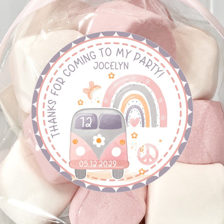 Pink hippie van birthday favor sticker with rainbow